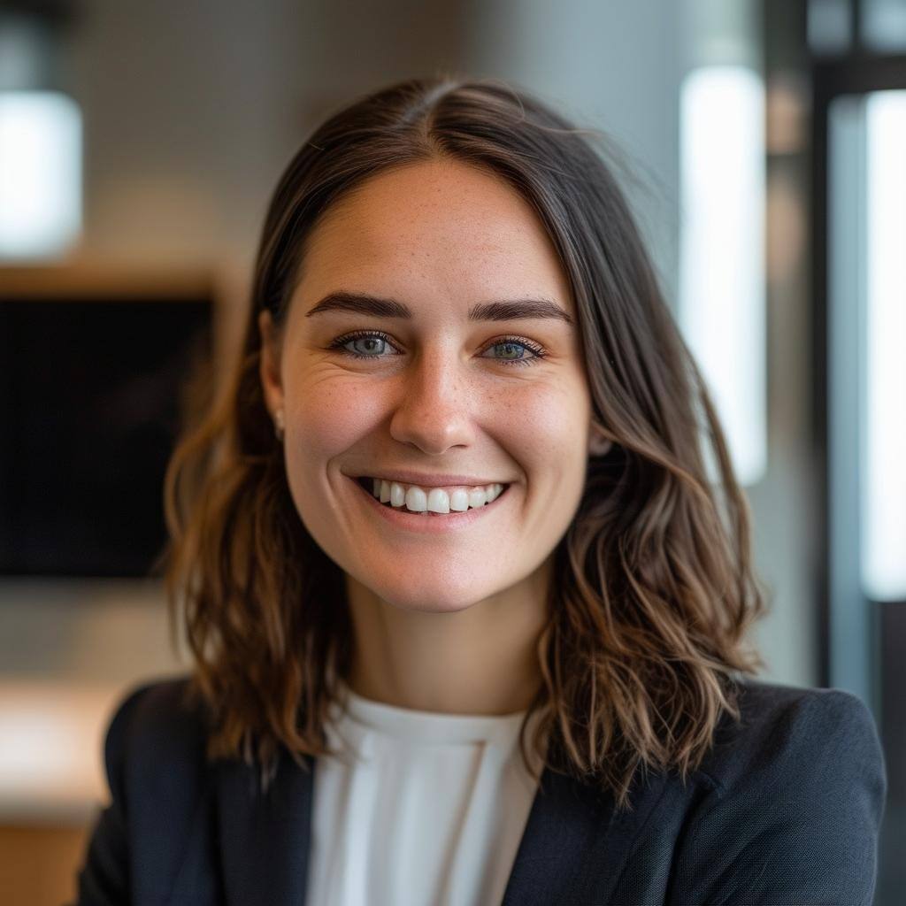 smiling person looking at camera in a formal office setting