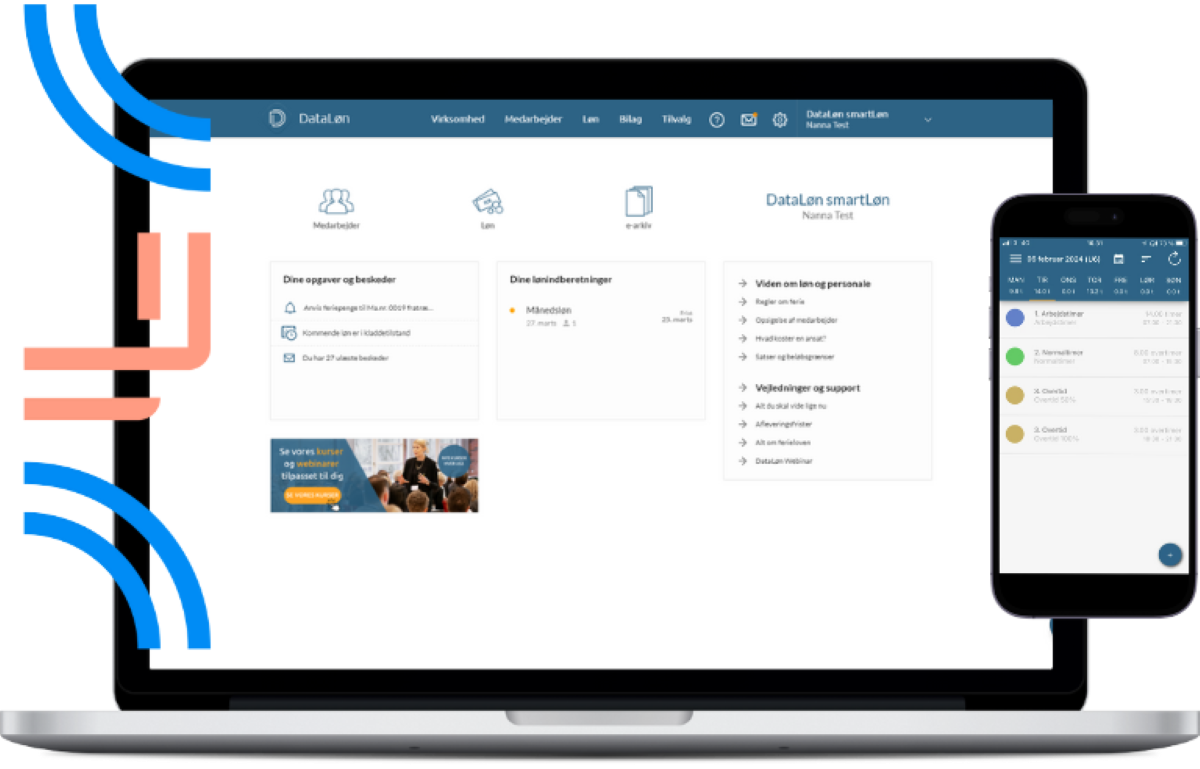 Brugerflade på DataLøns lønsystem på desktop og mobil